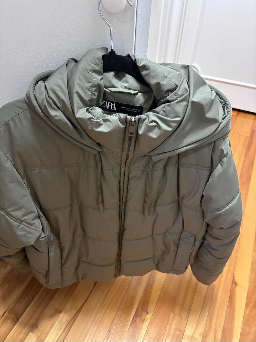 ZARA sage green padded puffer jacket with hood